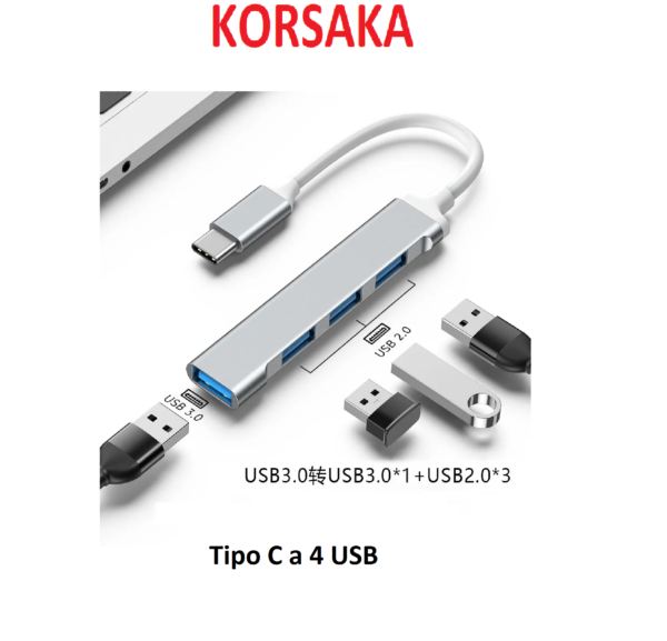 Hub Tipo C y USB a 4 USB 3.0/2.0 Aluminio - Imagen 2