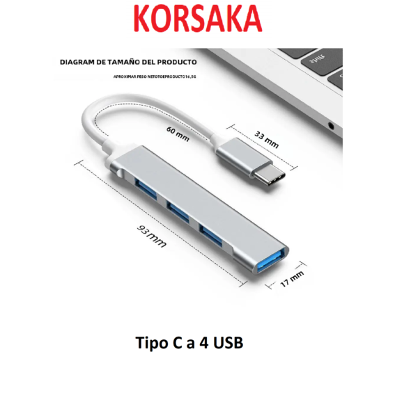 Hub Tipo C y USB a 4 USB 3.0/2.0 Aluminio - Imagen 3