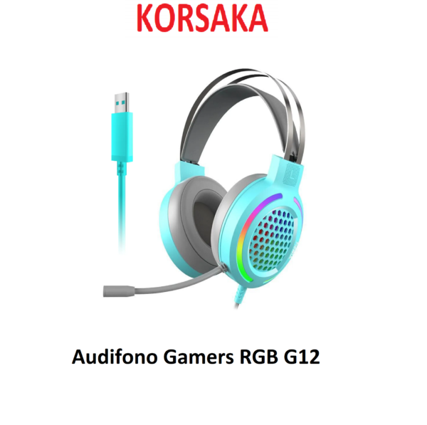 Audifono G12, RGB, 3,5 mm A/M CELESTE con USB Cancelación activa de ruido, cascos con cable