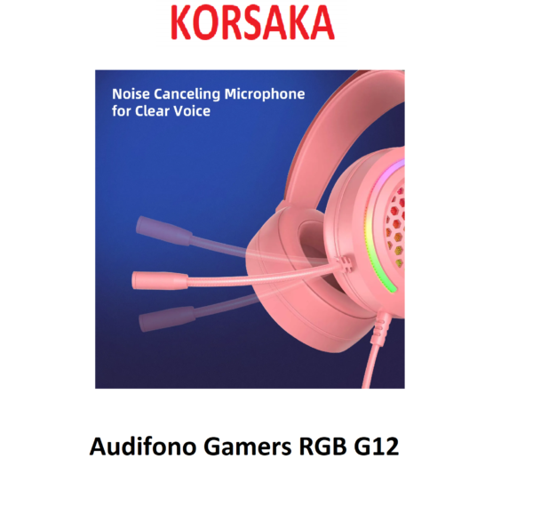 Audifono G12, RGB, 3,5 mm A/M ROSADO con USB Cancelación activa de ruido, cascos con cable - Imagen 3