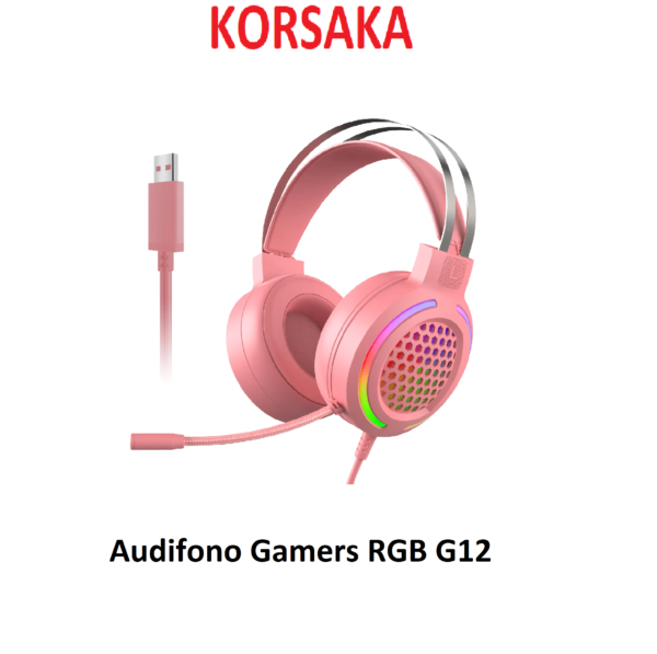 Audifono G12, RGB, 3,5 mm A/M ROSADO con USB Cancelación activa de ruido, cascos con cable