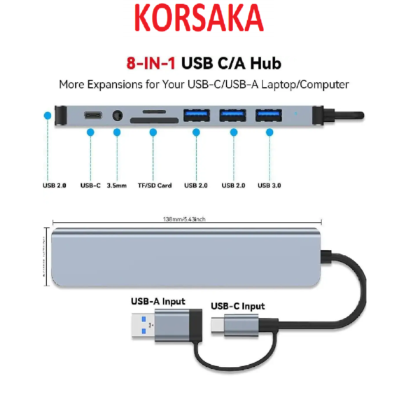 Hub Tipo C y USB a 4 USB 3.0/2.0 TDF/MicroSD/3.5mm/TipoC Aluminio - Imagen 2